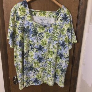 Coral Bay 3X Floral Print Blouse - Green and Blue
